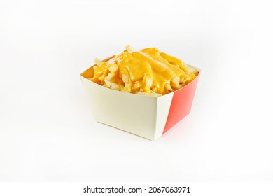 Delicious French Fries With Cheese Sauce On White Background
