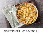 Delicious French onion pasta penne with caramelized onions, fragrant thyme, garlic and gruyere cheese close-up on a bowl on a wooden board. Horizontal top view from above
