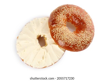 Delicious Fresh Bagel With Cream Cheese On White Background, Top View