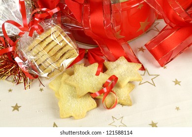 Delicious Fresh Baked Christmas Shortbread Wrapped In Cellophane And In A Xmas Tin.