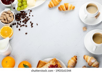 Delicious fresh breakfast served with drinks, croissants and fruits. Balanced diet. Top view, copy space - Shutterstock ID 1903161544
