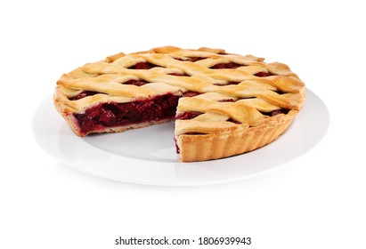 Delicious fresh cherry pie isolated on white