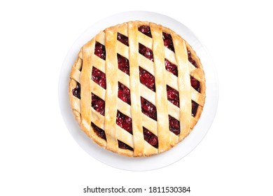 Delicious Fresh Cherry Pie Isolated On White, Top View