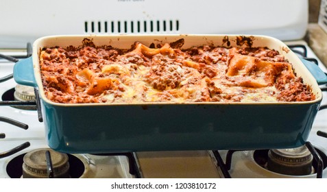 Delicious Fresh Cooked Pan Of Lasagna Cooling On The Stovetop