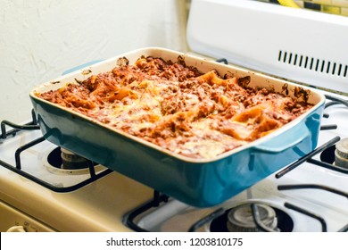 Delicious Fresh Cooked Pan Of Lasagna Cooling On The Stovetop