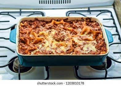 Delicious Fresh Cooked Pan Of Lasagna Cooling On The Stovetop