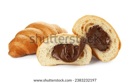 Delicious fresh croissants with chocolate isolated on white