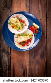 Delicious Fresh Fish Tacos With Corn Tomato And Cilantro Closeup