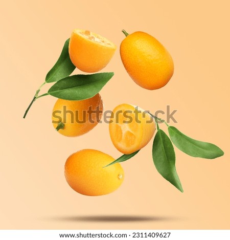 Delicious fresh kumquats and green leaves falling on beige background