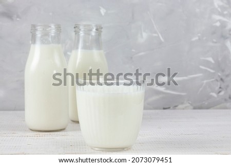 Delicious fresh milk on a gray wooden background. A glass of fresh milk. Two bottles of farm milk. copy space