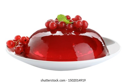 Delicious fresh red jelly with berries and mint on white background
