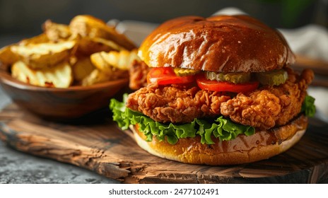 Delicious Fried Chicken Sandwich on a Toasted Bun for your background bussines, poster, wallpaper, banner, greeting cards, and advertising for business entities or brands. - Powered by Shutterstock