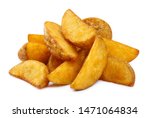 Delicious fried potato wedges, isolated on white background