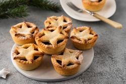 Delicious Fruit Mince Tarts For Christmas Dinner. Grey Background, Selective Focus