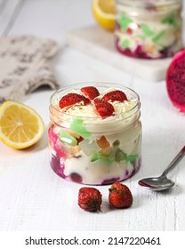 
Delicious Fruit Salad With Melon, Jelly, Nata De Coco, Strawberry, Dragon Fruit, Lemon, Grated Cheese And Cream