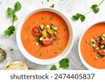 Delicious gazpacho soup in bowl over light stone background. Cold summer soup. Top view, flat lay