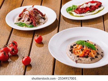 Delicious gourmet italian bruschetta assortment with fresh ingredients on a rustic table with wooden background perfect for casual dining and culinary presentation - Powered by Shutterstock