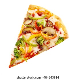 Delicious Gourmet Pizza With Fresh Vegetable Salad Trimmings On Melted Mozzarella Cheese On A Thin Pie Crust, Overhead View On White