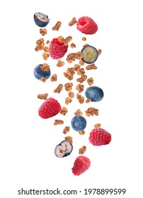 Delicious Granola And Berries Falling On White Background. Healthy Snack  