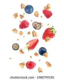 Delicious Granola And Berries Falling On White Background. Healthy Snack  