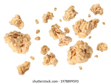 Delicious Granola Falling On White Background. Healthy Snack  