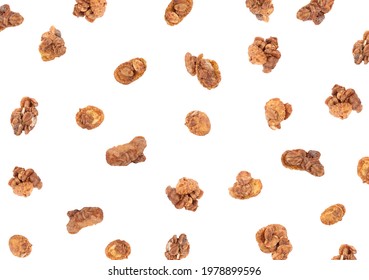 Delicious Granola Falling On White Background. Healthy Snack  