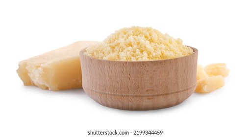 Delicious grated parmesan cheese on white background - Shutterstock ID 2199344459