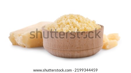Delicious grated parmesan cheese on white background