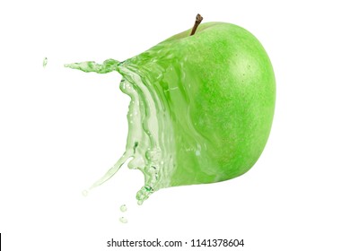 Delicious Green Apple Exploding And Becoming Refreshing Apple Juice.  Isolated On White Background.
