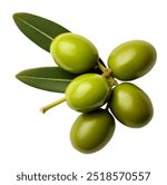 Delicious green olives with leaves, isolated on white background, top view