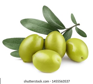 Delicious green olives with leaves, isolated on white background - Shutterstock ID 1455563537