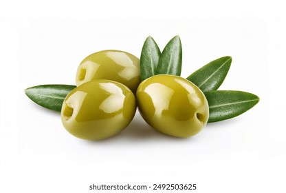 Delicious green olives with leaves, isolated on white background