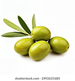 Delicious green olives with leaves, isolated on white background
