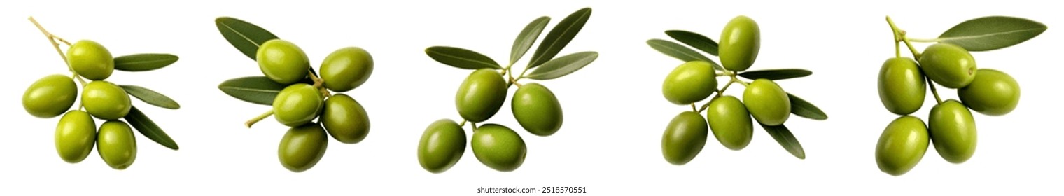 Delicious green olives with leaves, isolated on white background, top view