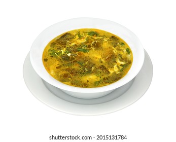 Delicious Green Soup With Sorrel In White Round Bowl. Isolated On White Background