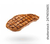 Delicious Grilled chicken breast isolated on white background. Chicken steak fillet grilled. Chicken steak flying in the air. Floating grilled meat fillet, steak. Grilled chicken steak.