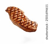 Delicious Grilled chicken breast isolated on white background. Chicken steak fillet grilled. Cooked Chicken breast meat flying in the air. Floating grilled meat fillet, steak. Grilled chicken steak.