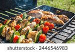 delicious grilled chicken meat shish kebob or kabob with vegetables on barbecue grill with smoke and flames. popular outdoor summer activity for friends and family