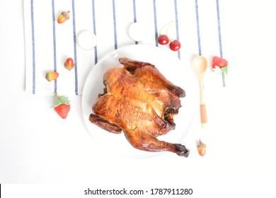 Delicious Grilled Chicken In White Background, Barbecue, Food, Whole Roasted Chicken, Bbq, Chicken Rotisserie, Acorn, Flat Lay, Top View, Spoon, Decoration