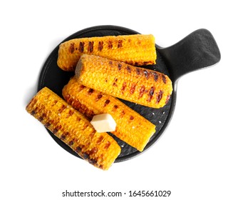 Delicious Grilled Corn Cobs Isolated On White, Top View