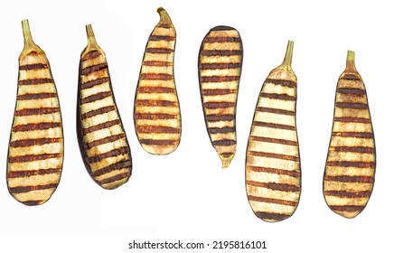 Delicious Grilled Or Fire Roasted Aubergine  Halves Isolated. Grilled Eggplant Halves Isolated. Slice Of Eggplant Roasted On A Grill With Stripes From A Grill On A White Background.