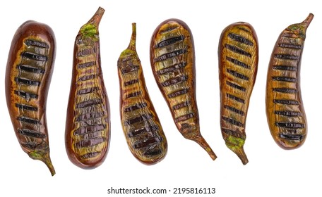 Delicious Grilled Or Fire Roasted Aubergine  Halves Isolated. Grilled Eggplant Halves Isolated. Slice Of Eggplant Roasted On A Grill With Stripes From A Grill On A White Background.