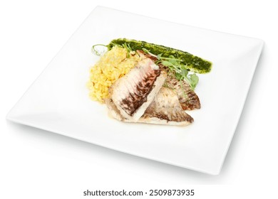 Delicious grilled fish fillet served with asparagus, couscous, and greens on a white square plate, presented elegantly. - Powered by Shutterstock