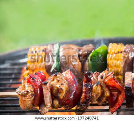 Delicious grilled meat skewers on fire
