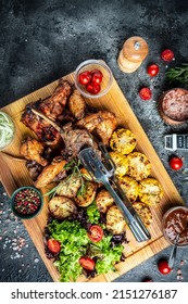 Delicious Grilled Meat With Vegetable. Mixed Grilled Bbq Meat With Vegetables On Wooden Platter. Restaurant Menu, Dieting, Cookbook Recipe Top View,