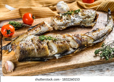 Delicious Grilled Pollock With Fresh Thyme And Tomatoes. White Background. Top View