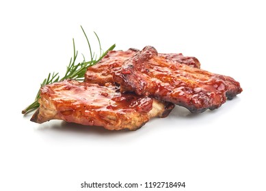 Delicious Grilled Pork Ribs In BBQ Sauce With Herbs, Isolated On White Background