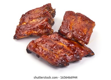 Delicious Grilled Pork Ribs In BBQ, Isolated On White Background.