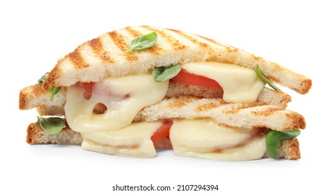 Delicious Grilled Sandwiches With Mozzarella, Tomatoes And Basil Isolated On White