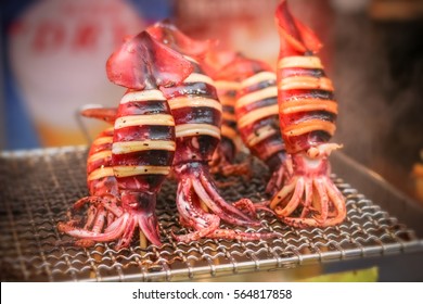 Delicious Grilled Squid Street Food At Kuromon Ichiba Market, Osaka 